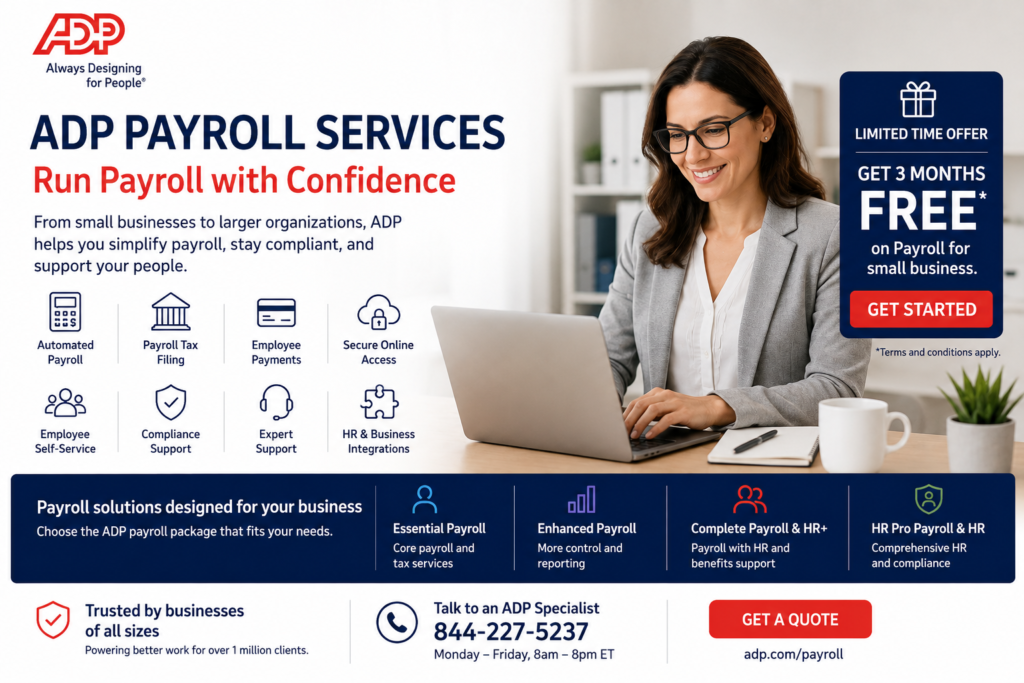 Managing payroll can take valuable time and create challenges around taxes, employee payments, and compliance. ADP Payroll Services are designed to help businesses simplify payroll processing while giving employers access to payroll technology and professional support